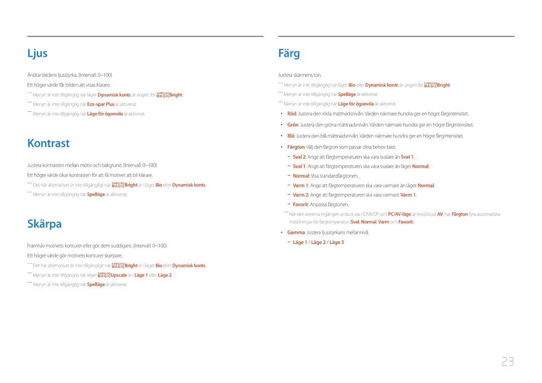 Samsung LC27F591FDUXEN manual Ljus, Kontrast, Skärpa, Färg 