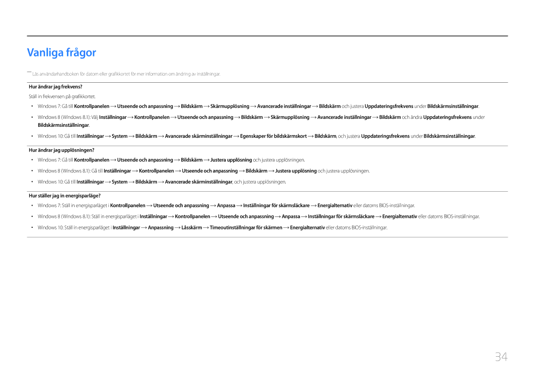 Samsung LC27F591FDUXEN manual Vanliga frågor, Ställ in frekvensen på grafikkortet 