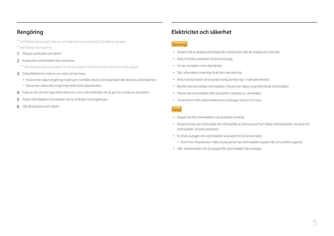 Samsung LC27F591FDUXEN manual Rengöring, Elektricitet och säkerhet 