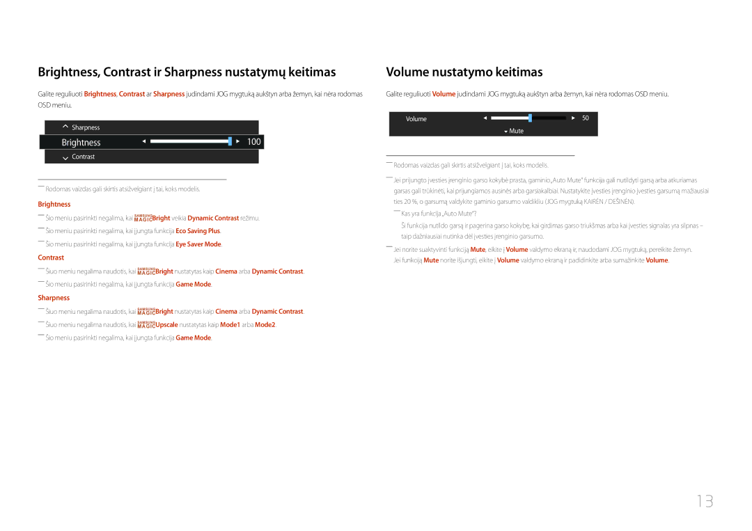 Samsung LC27F591FDUXEN manual Brightness, Contrast ir Sharpness nustatymų keitimas, Volume nustatymo keitimas 