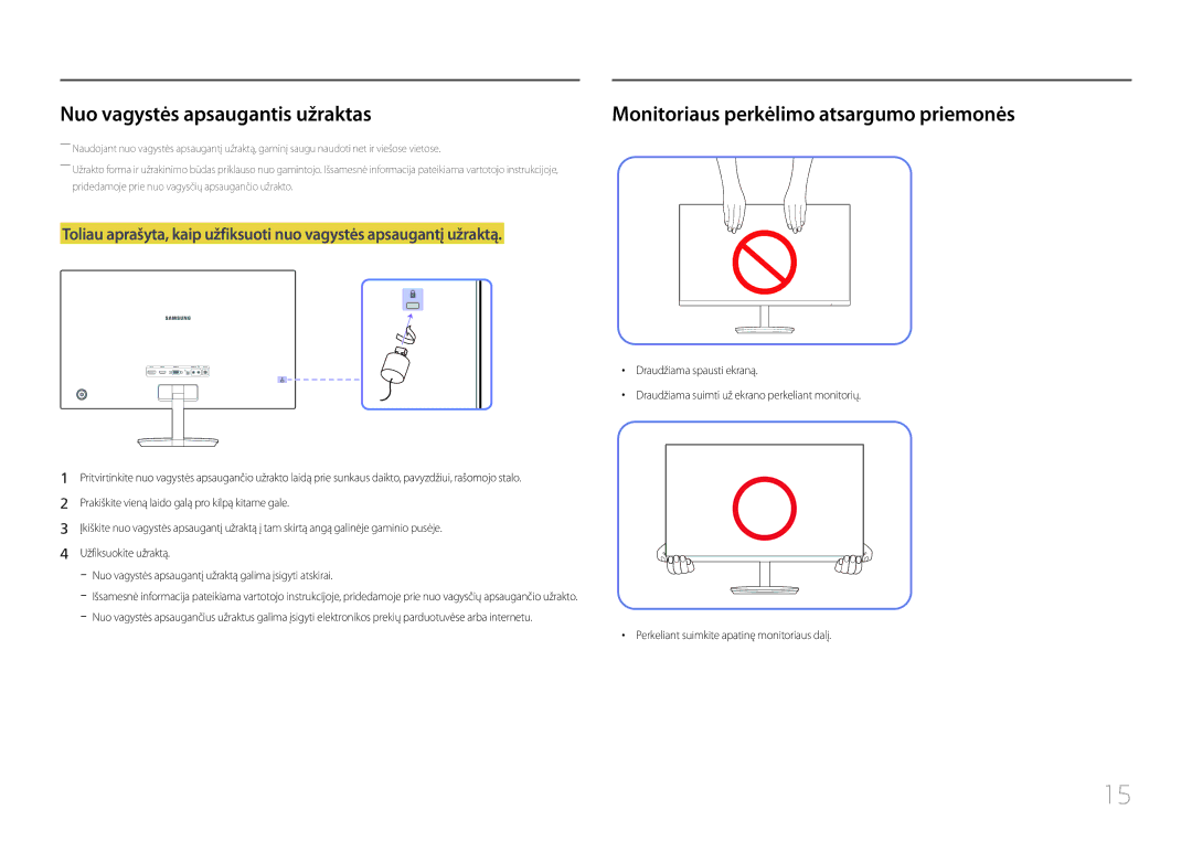 Samsung LC27F591FDUXEN manual Nuo vagystės apsaugantis užraktas, Monitoriaus perkėlimo atsargumo priemonės 