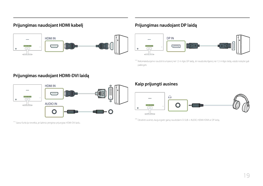 Samsung LC27F591FDUXEN Prijungimas naudojant Hdmi kabelį, Prijungimas naudojant HDMI-DVI laidą, Kaip prijungti ausines 