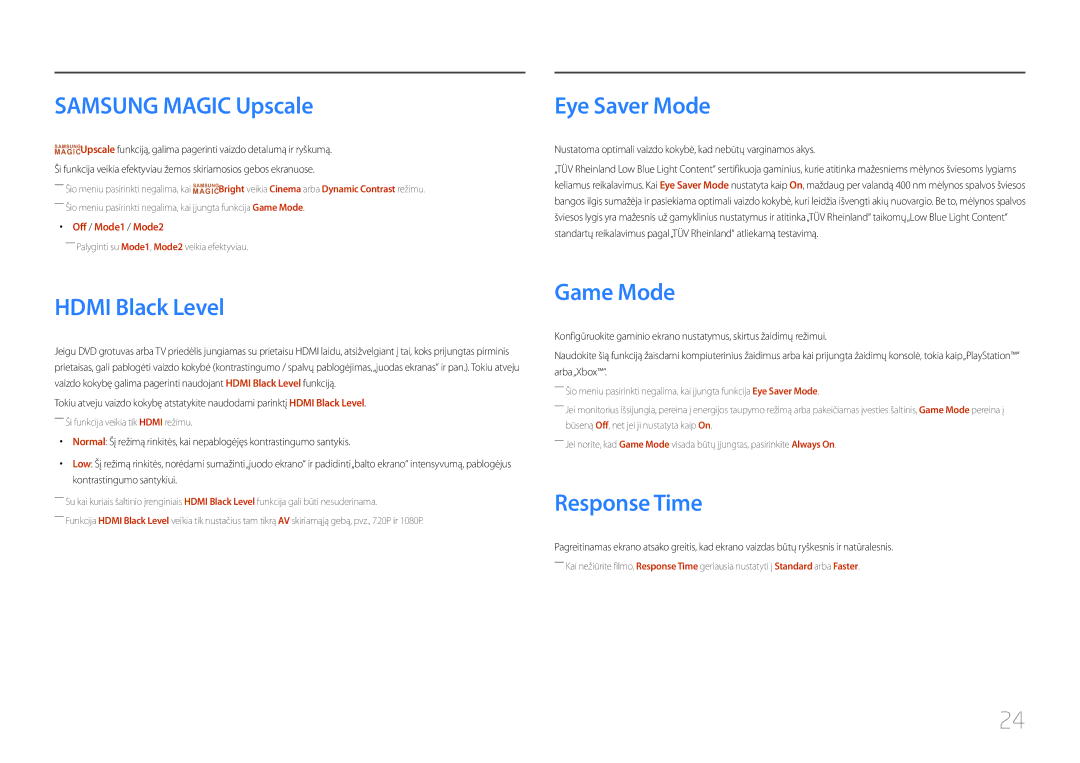 Samsung LC27F591FDUXEN manual Samsung Magic Upscale, Eye Saver Mode, Hdmi Black Level, Game Mode, Response Time 