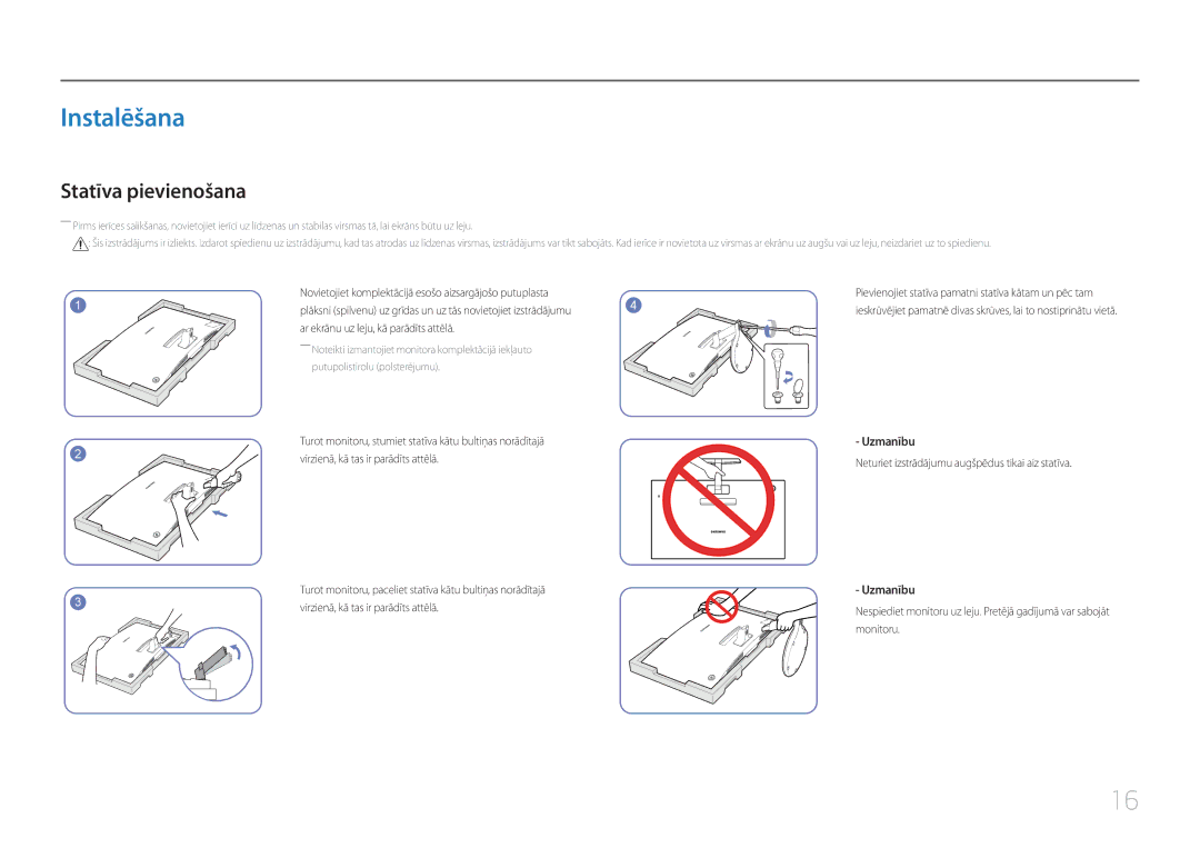 Samsung LC27F591FDUXEN manual Instalēšana, Statīva pievienošana, Uzmanību 