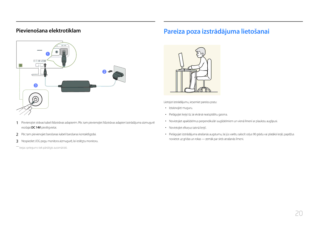 Samsung LC27F591FDUXEN manual Pareiza poza izstrādājuma lietošanai, Pievienošana elektrotīklam 