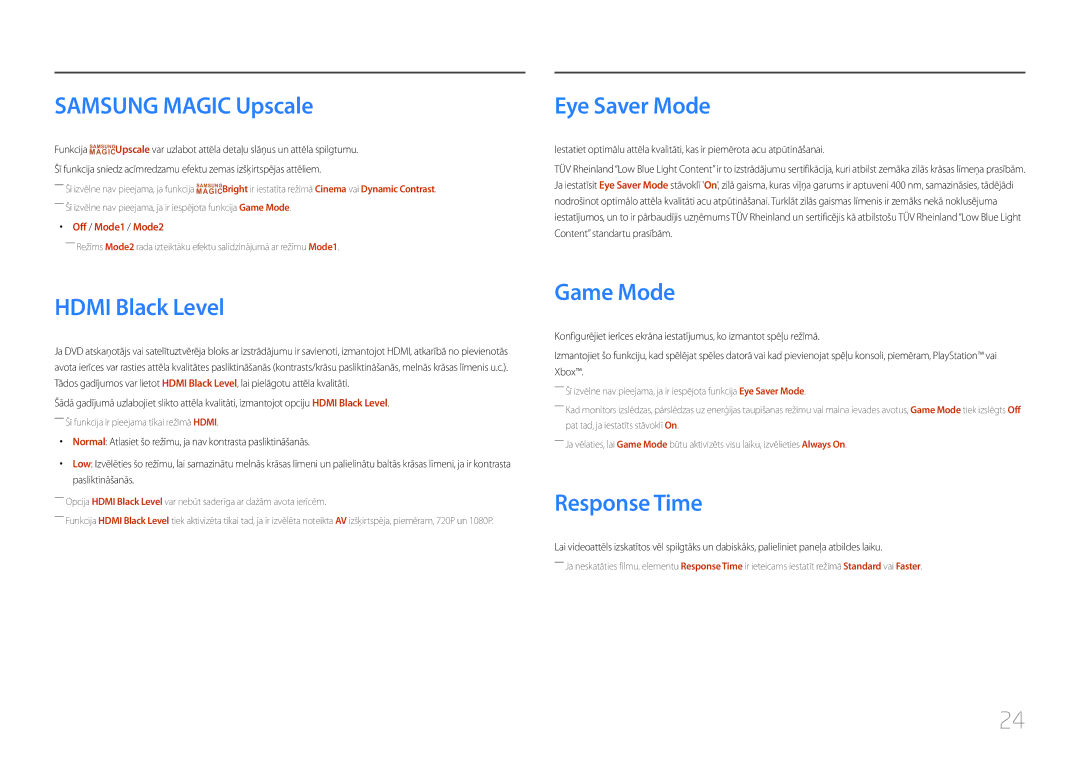 Samsung LC27F591FDUXEN manual Samsung Magic Upscale, Hdmi Black Level, Eye Saver Mode, Game Mode, Response Time 