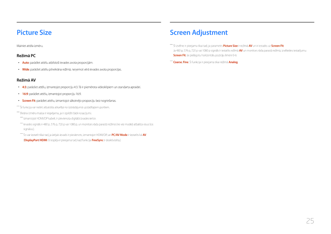 Samsung LC27F591FDUXEN manual Picture Size, Screen Adjustment, Mainiet attēla izmēru 