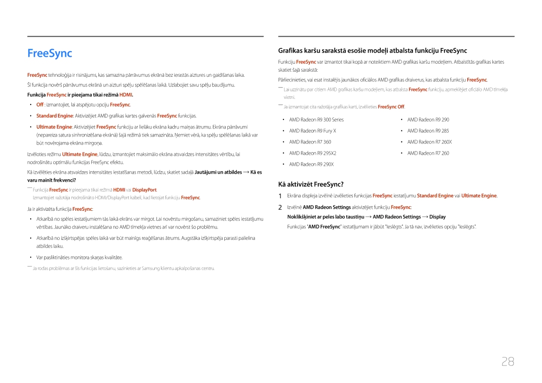 Samsung LC27F591FDUXEN manual Funkcija FreeSync ir pieejama tikai režīmā Hdmi 