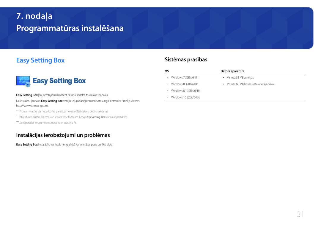 Samsung LC27F591FDUXEN manual Programmatūras instalēšana, Easy Setting Box, Instalācijas ierobežojumi un problēmas 