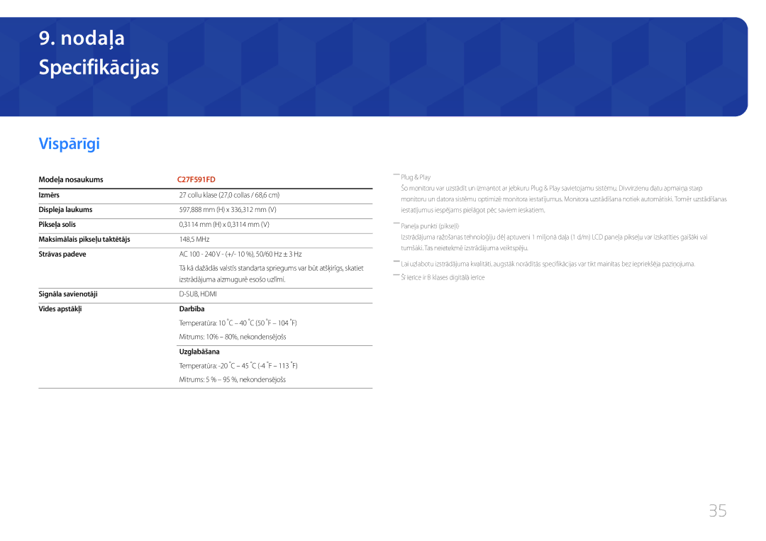 Samsung LC27F591FDUXEN manual Specifikācijas, Vispārīgi, Modeļa nosaukums 