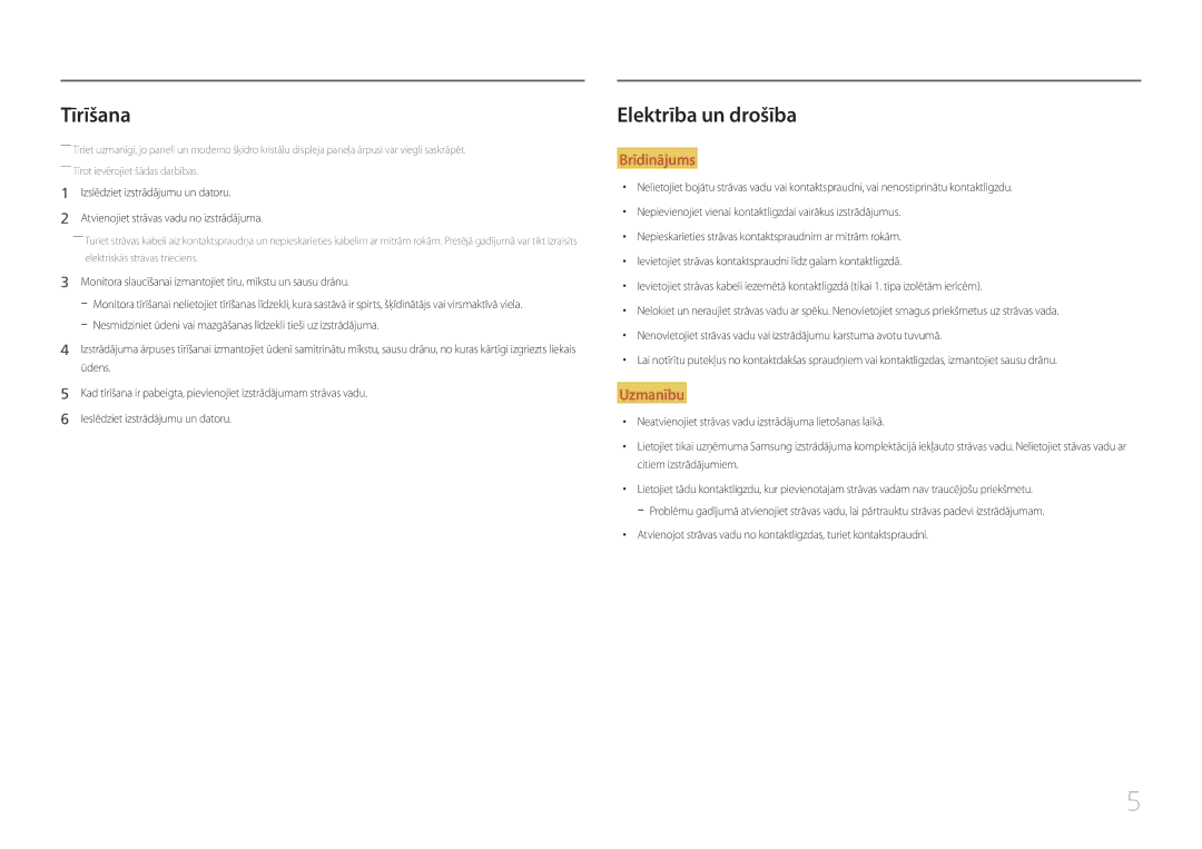 Samsung LC27F591FDUXEN manual Tīrīšana, Elektrība un drošība 