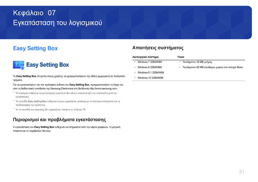 Samsung LC27F591FDUXEN manual Εγκατάσταση του λογισμικού, Easy Setting Box, Περιορισμοί και προβλήματα εγκατάστασης 