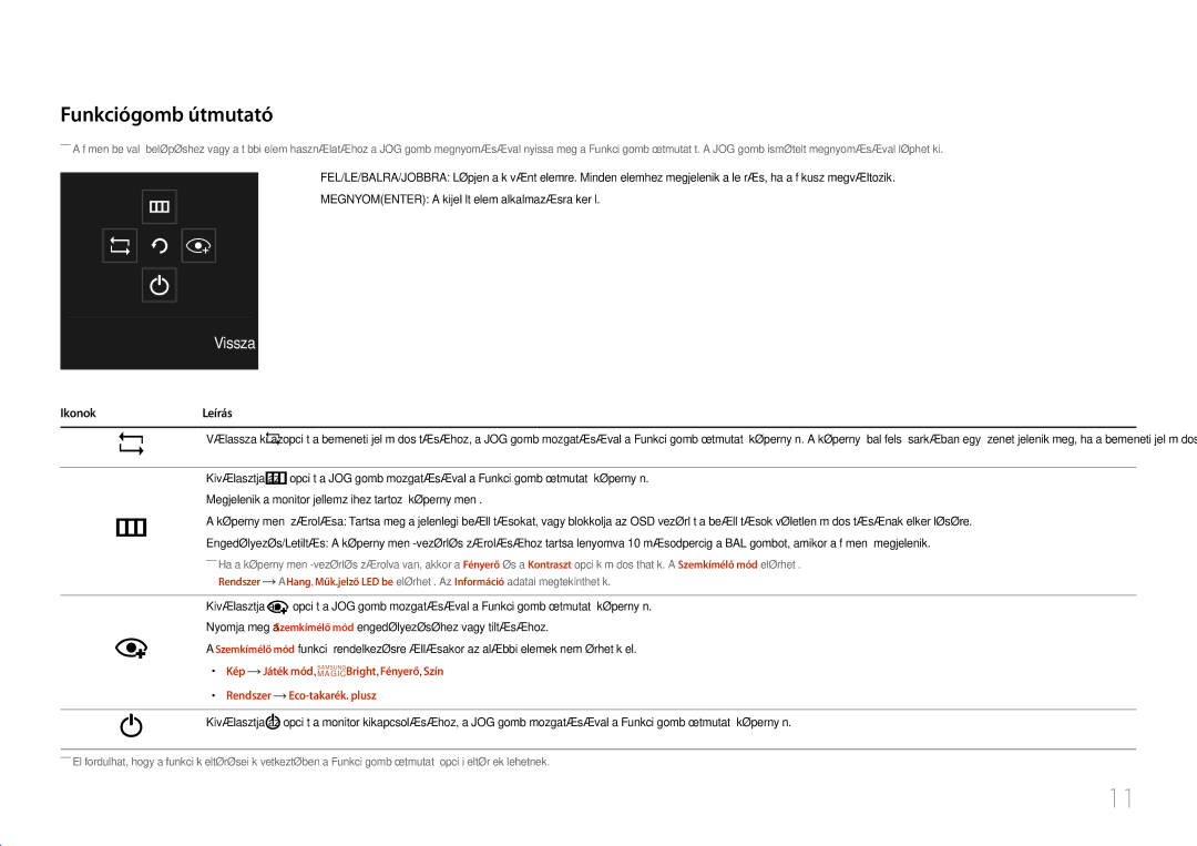 Samsung LC27F591FDUXEN manual Funkciógomb útmutató, Kép Játék mód , MAGICBright , Fényerő , Szín, Rendszer 