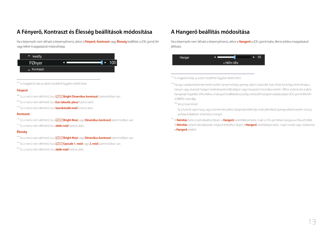 Samsung LC27F591FDUXEN manual Hangerő beállítás módosítása, Fényerő, Kontraszt, Élesség 