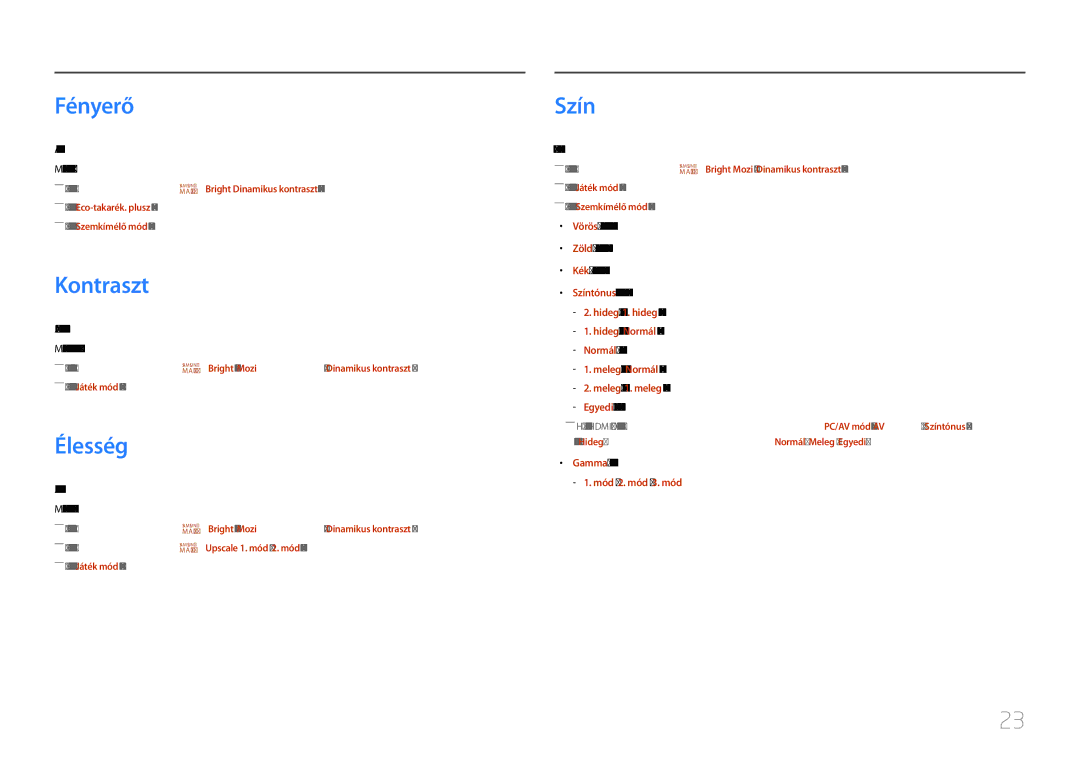 Samsung LC27F591FDUXEN manual Fényerő, Kontraszt, Élesség, Szín, Mód / 2. mód / 3. mód 
