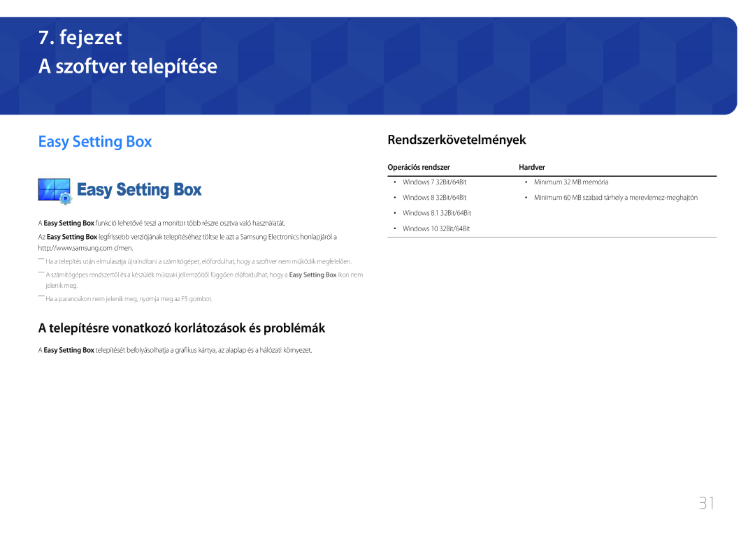 Samsung LC27F591FDUXEN manual Szoftver telepítése, Easy Setting Box, Telepítésre vonatkozó korlátozások és problémák 