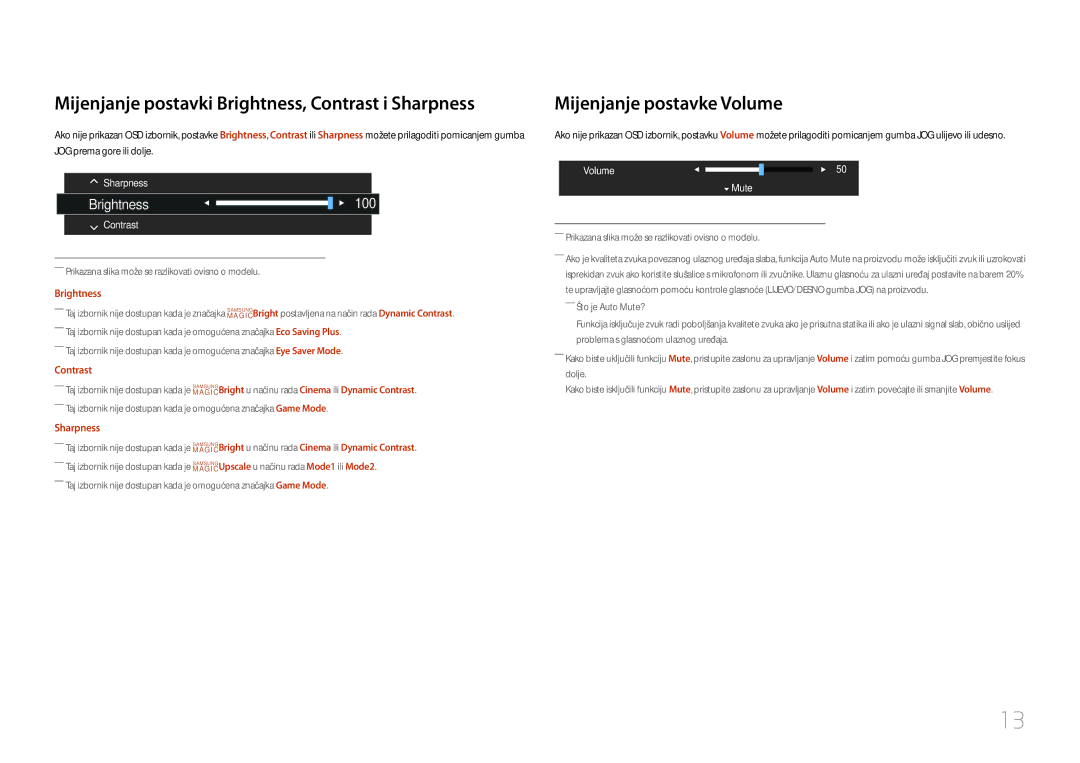 Samsung LC27F591FDUXEN manual Mijenjanje postavki Brightness, Contrast i Sharpness, Mijenjanje postavke Volume 