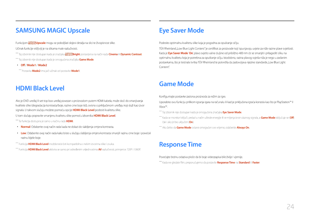 Samsung LC27F591FDUXEN manual Samsung Magic Upscale, Eye Saver Mode, Hdmi Black Level, Game Mode, Response Time 