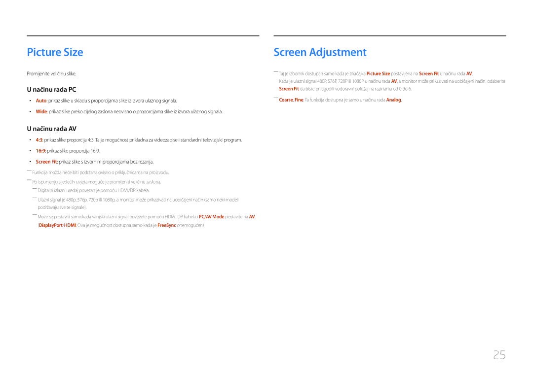 Samsung LC27F591FDUXEN manual Picture Size, Screen Adjustment, Promijenite veličinu slike 