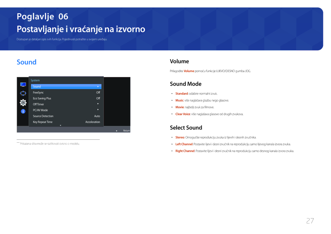 Samsung LC27F591FDUXEN manual Postavljanje i vraćanje na izvorno, Volume, Sound Mode, Select Sound 