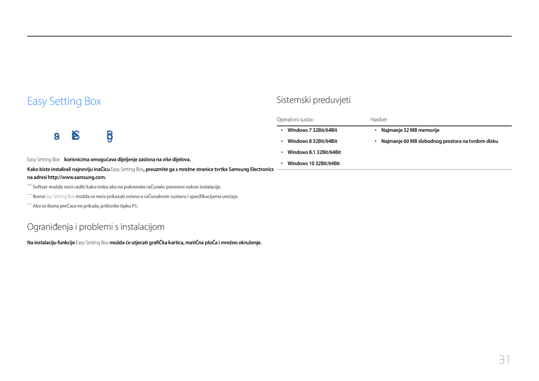 Samsung LC27F591FDUXEN manual Instaliranje softvera, Easy Setting Box, Ograničenja i problemi s instalacijom 