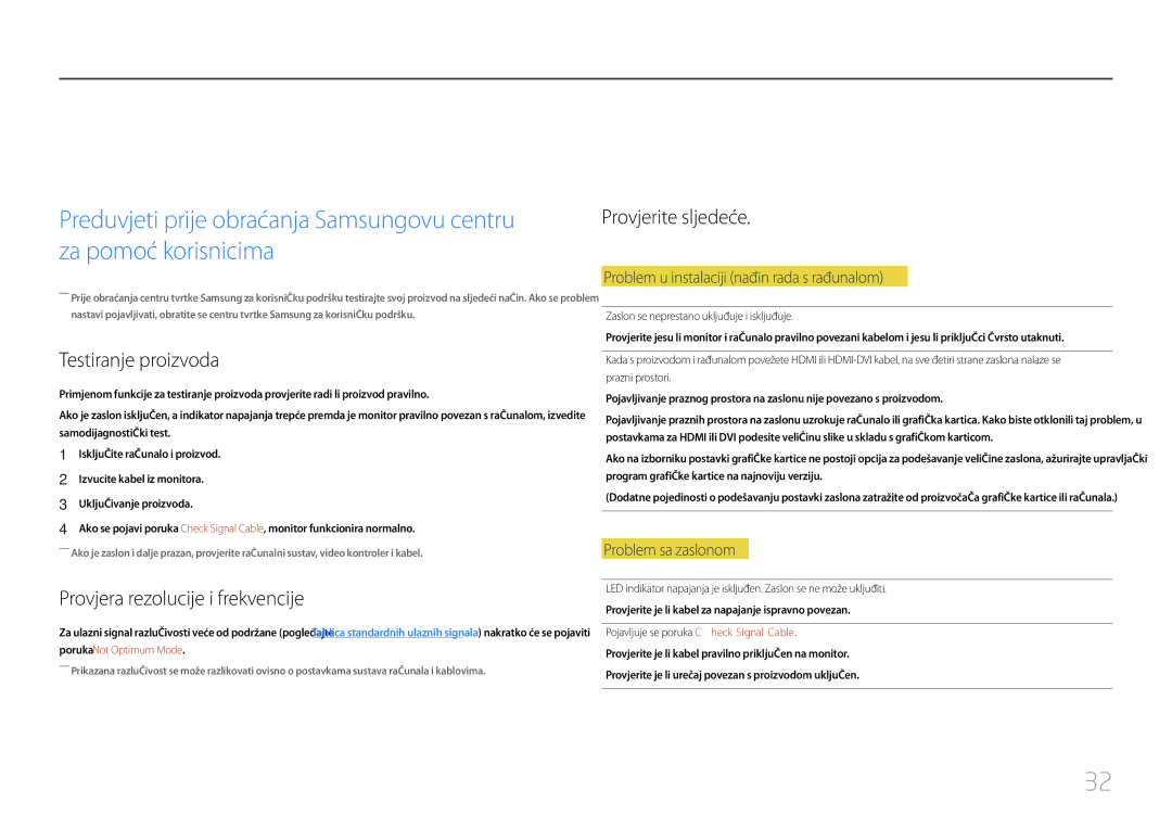 Samsung LC27F591FDUXEN manual Vodič za rješavanje problema, Testiranje proizvoda, Provjera rezolucije i frekvencije 