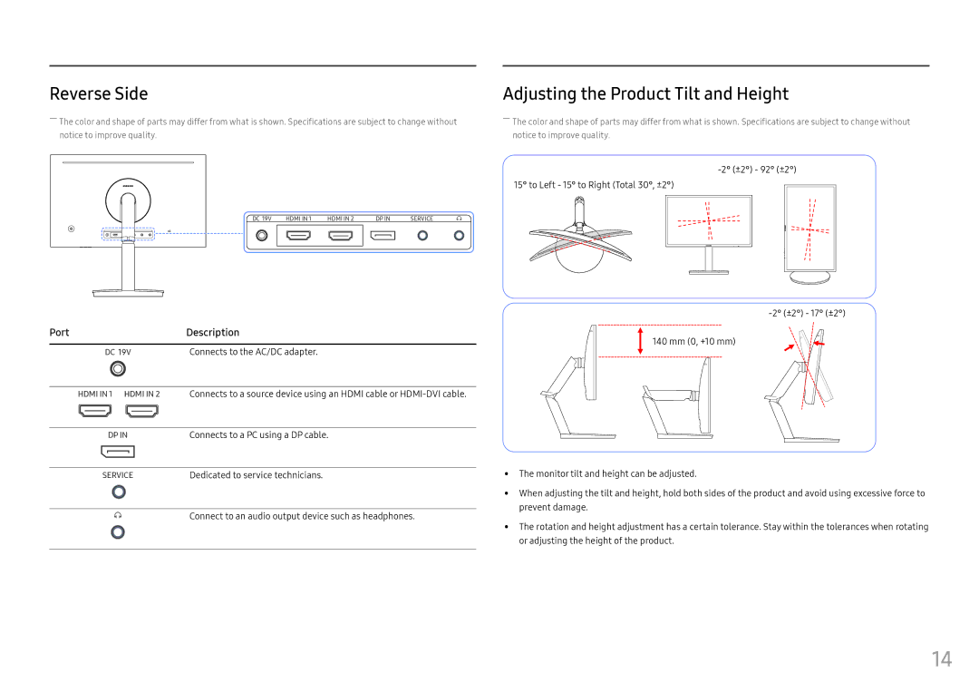 Samsung LC24FG70FQEXXV manual Reverse Side Adjusting the Product Tilt and Height, ±2 92 ±2 To Left 15 to Right Total 30, ±2 