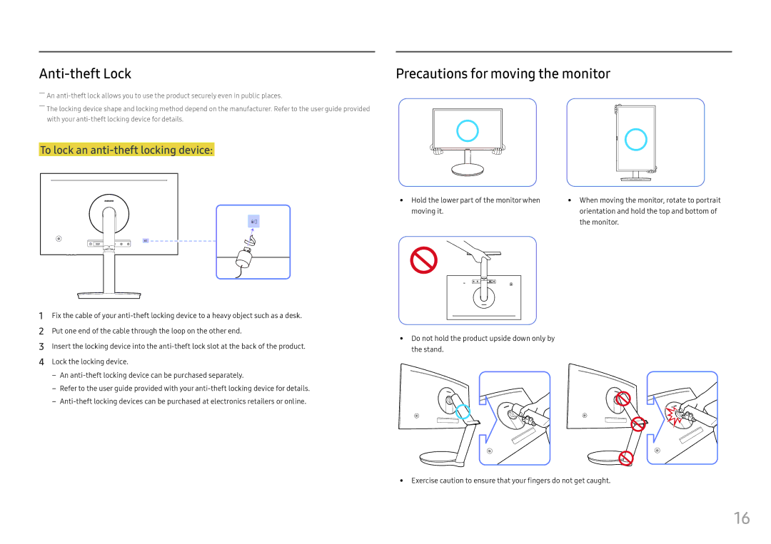 Samsung LC24FG70FQIXCI, LC27FG70FQUXEN, LC24FG70FQUXEN, LC24FG70FQMXUE Anti-theft Lock, Precautions for moving the monitor 