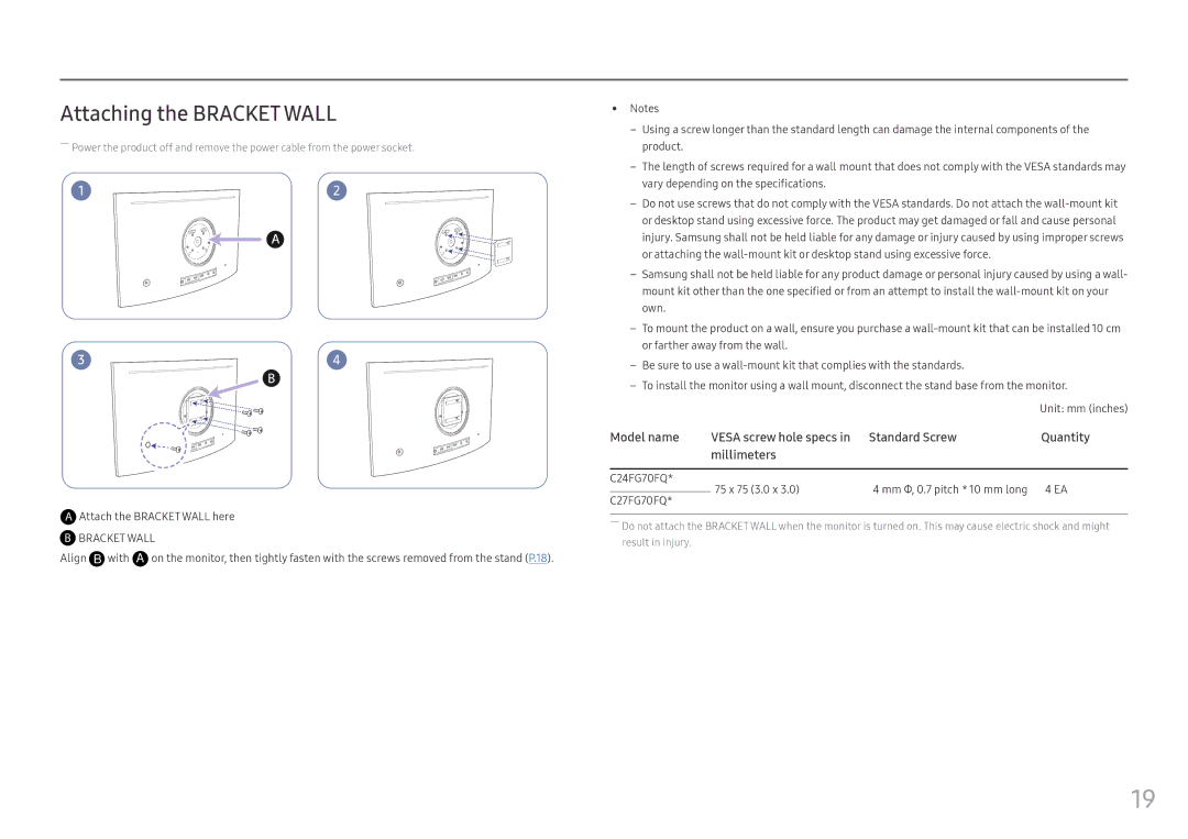 Samsung LC27FG70FQMXCH, LC27FG70FQUXEN, LC24FG70FQUXEN, LC24FG70FQMXUE manual Attaching the Bracket Wall, Align B with 