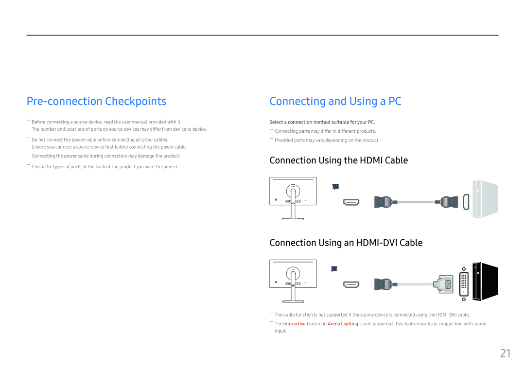 Samsung LC24FG70FQUXEN manual Connecting and Using a Source Device, Pre-connection Checkpoints, Connecting and Using a PC 