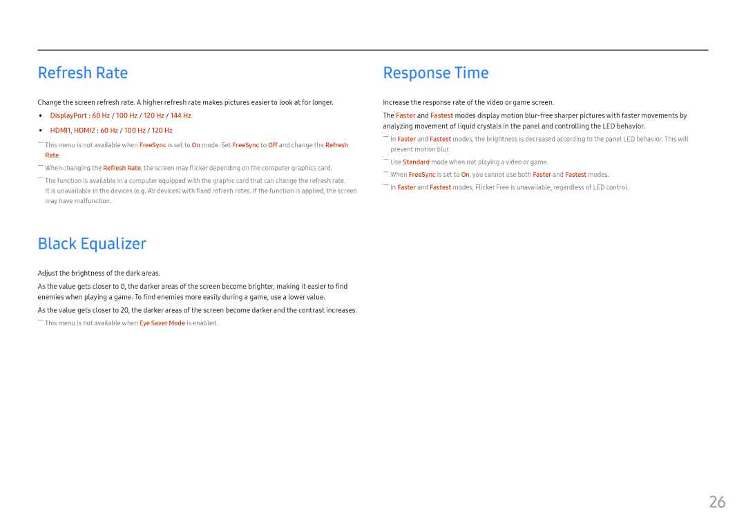 Samsung LC24FG70FQIXCI manual Refresh Rate, Black Equalizer, Response Time, Adjust the brightness of the dark areas 