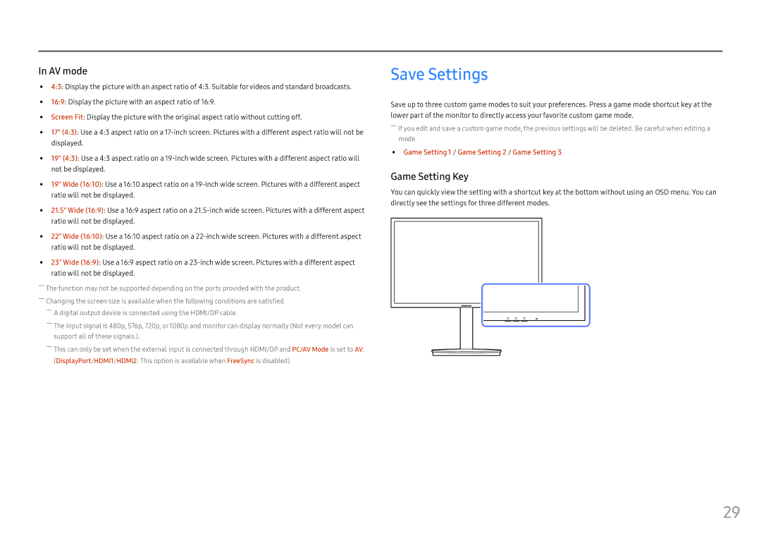 Samsung LC27FG70FQMXCH, LC27FG70FQUXEN, LC24FG70FQUXEN, LC24FG70FQMXUE, LC27FG70FQMXUE manual Save Settings, Game Setting Key 