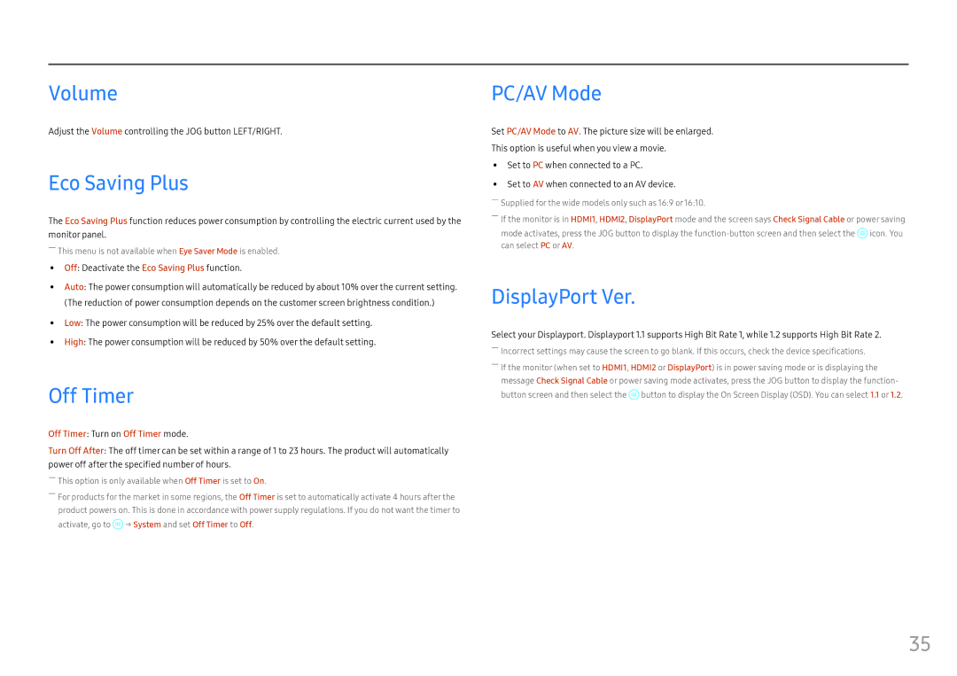 Samsung LC27FG70FQEXXV, LC27FG70FQUXEN, LC24FG70FQUXEN manual Volume, Eco Saving Plus, Off Timer, PC/AV Mode, DisplayPort Ver 