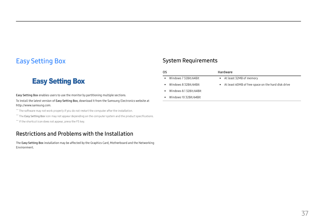 Samsung LC27FG70FQIXCI manual Installing the Software, Easy Setting Box, Restrictions and Problems with the Installation 