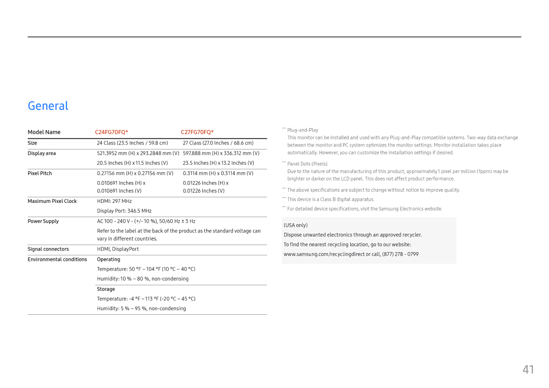 Samsung LC24FG70FQUXEN, LC27FG70FQUXEN, LC24FG70FQMXUE, LC27FG70FQMXUE, LC24FG70FQEXXV, LC27FG70FQEXXV Specifications, General 