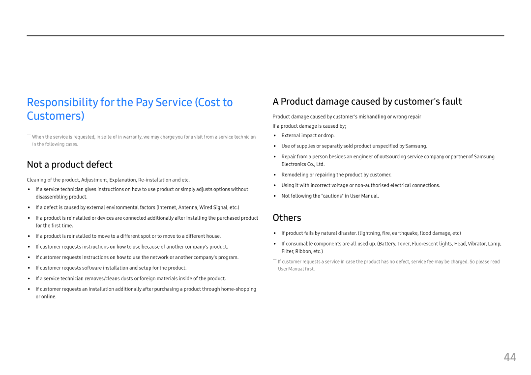 Samsung LC24FG70FQEXXV manual Appendix, Responsibility for the Pay Service Cost to Customers, Not a product defect, Others 