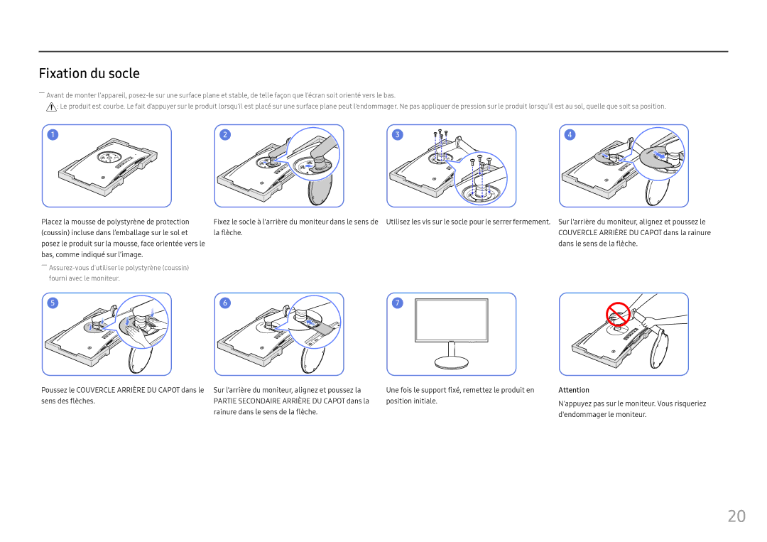 Samsung LC27FG70FQUXEN, LC24FG70FQUXEN manual Fixation du socle, Sur larrière du moniteur, alignez et poussez le, La flèche 