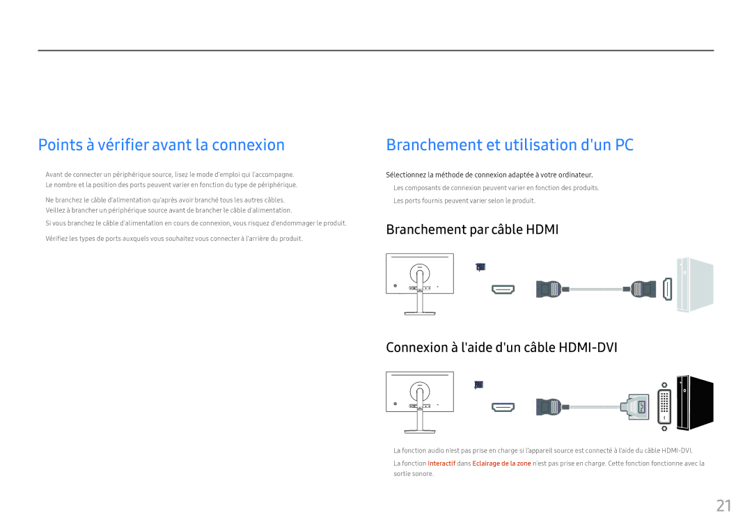 Samsung LC24FG70FQUXEN manual Connexion et utilisation dun périphérique source, Points à vérifier avant la connexion 