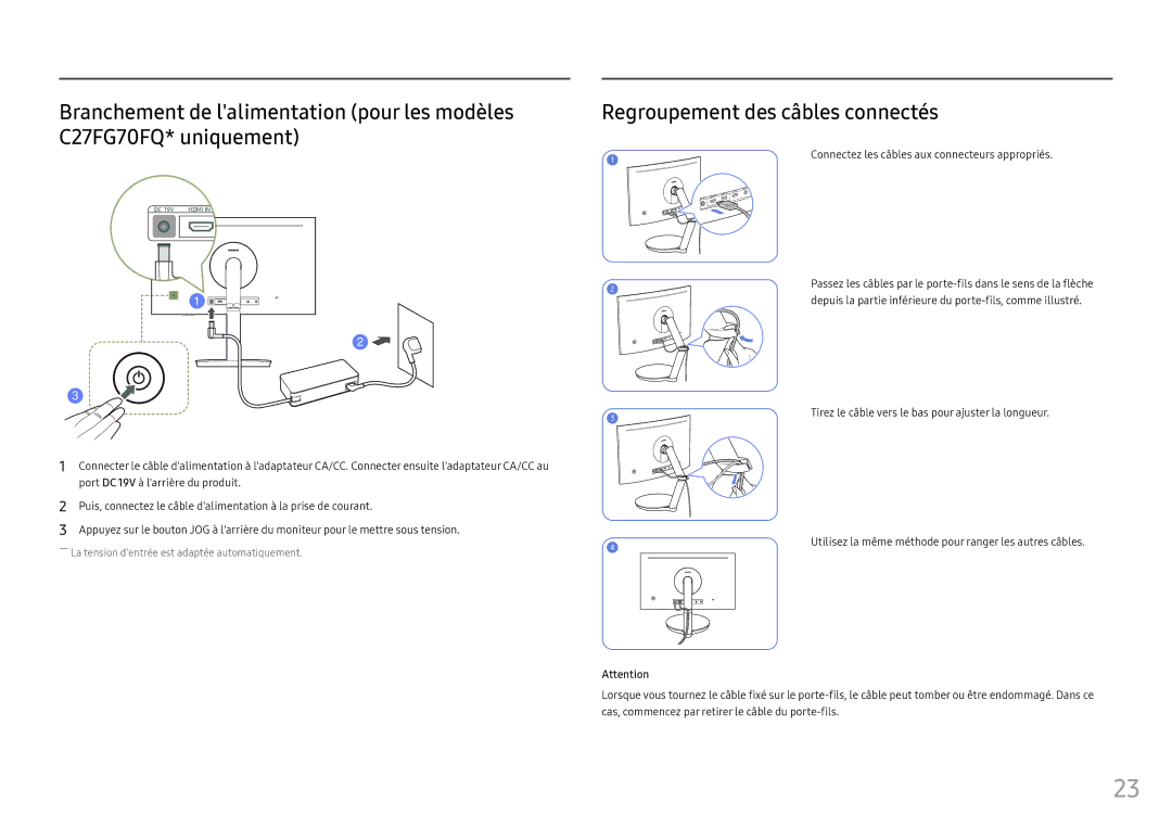 Samsung LC24FG70FQUXEN, LC27FG70FQUXEN manual Connectez les câbles aux connecteurs appropriés 