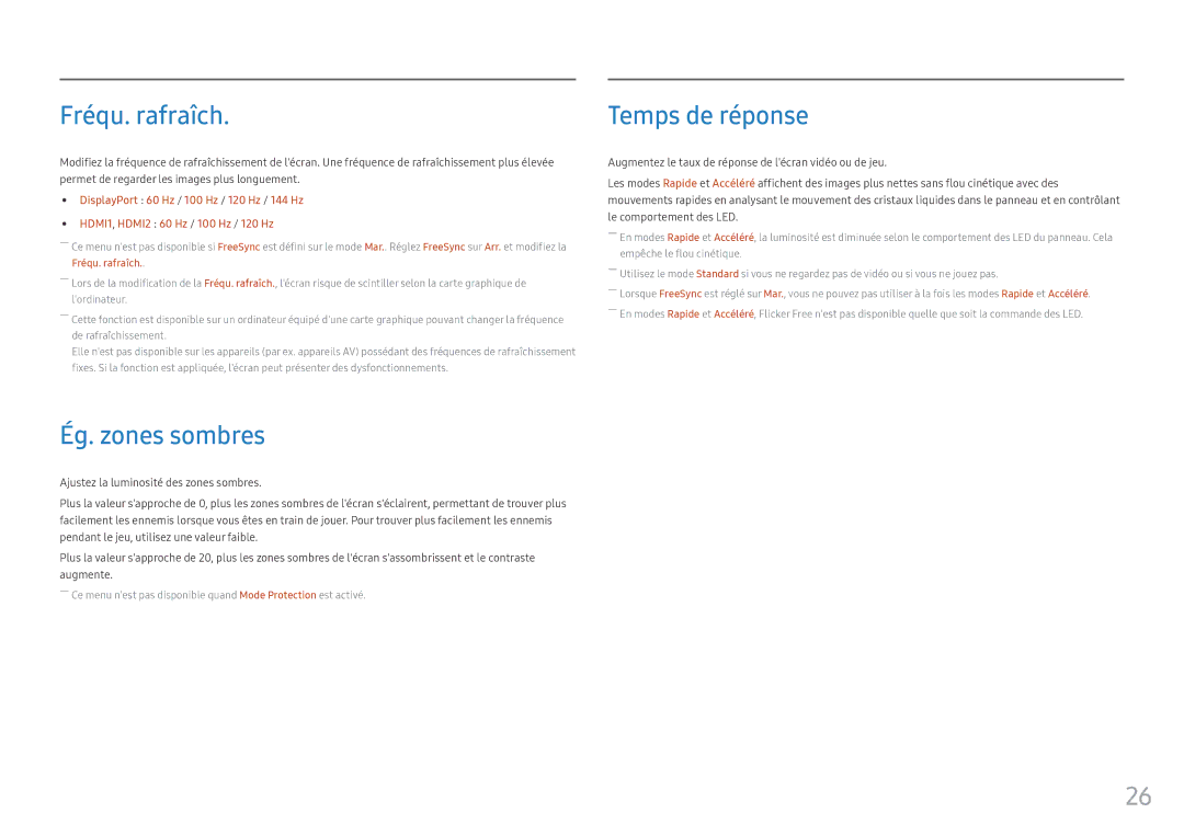 Samsung LC27FG70FQUXEN, LC24FG70FQUXEN manual Fréqu. rafraîch, Ég. zones sombres, Temps de réponse 