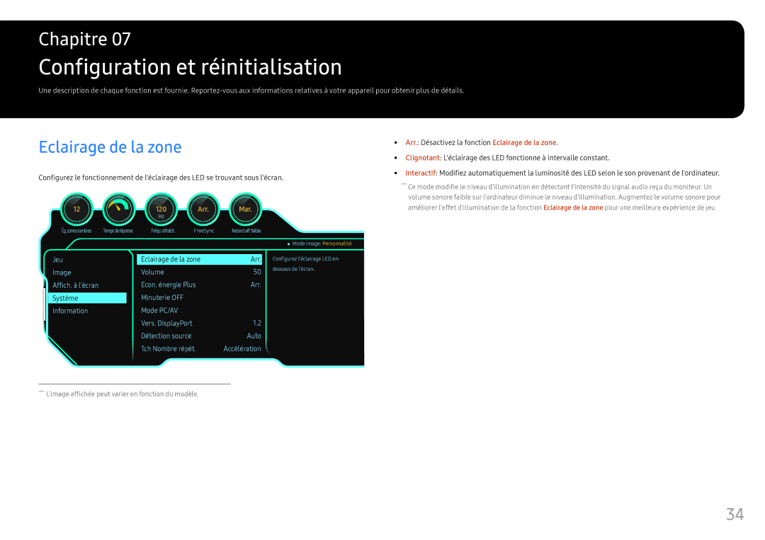 Samsung LC27FG70FQUXEN, LC24FG70FQUXEN manual Configuration et réinitialisation, Eclairage de la zone 