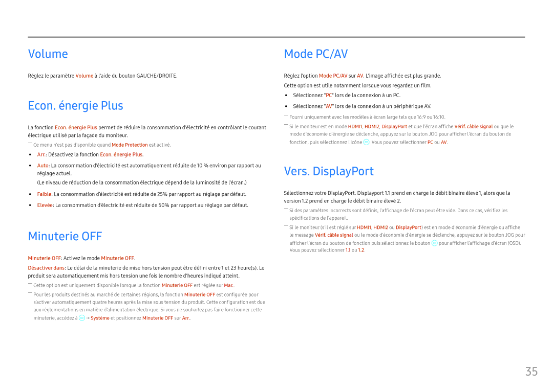 Samsung LC24FG70FQUXEN, LC27FG70FQUXEN manual Volume, Econ. énergie Plus, Minuterie OFF, Mode PC/AV, Vers. DisplayPort 