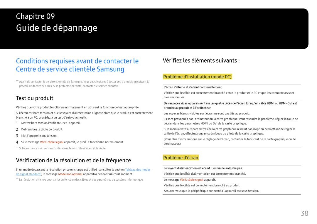 Samsung LC27FG70FQUXEN manual Guide de dépannage, Test du produit, Vérification de la résolution et de la fréquence 