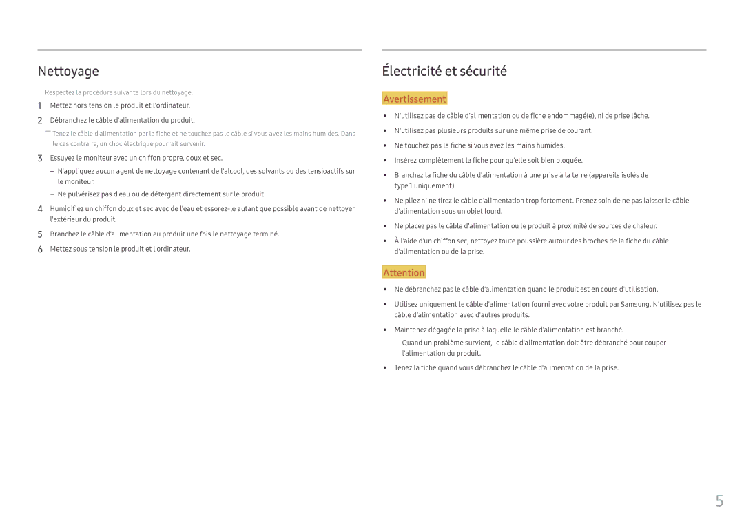 Samsung LC24FG70FQUXEN, LC27FG70FQUXEN manual Nettoyage, Électricité et sécurité 