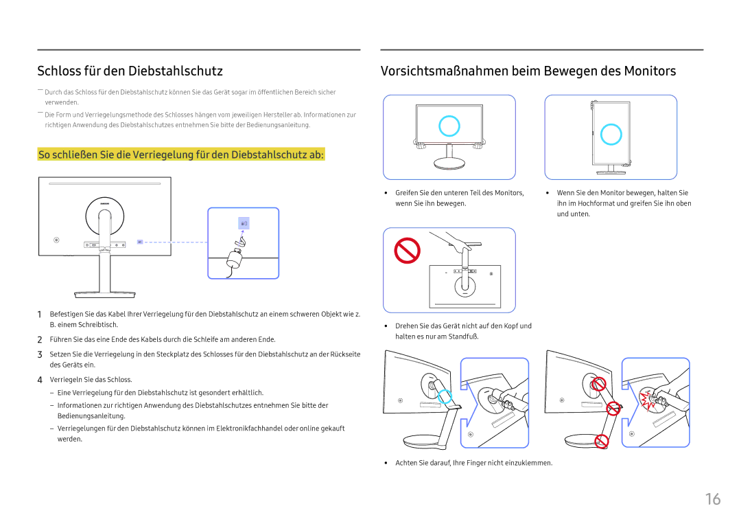 Samsung LC27FG70FQUXEN manual Schloss für den Diebstahlschutz, Vorsichtsmaßnahmen beim Bewegen des Monitors, Und unten 