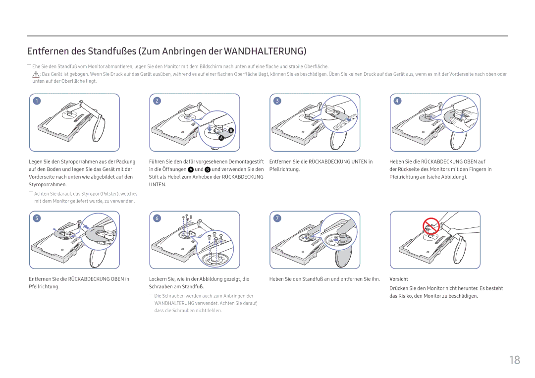 Samsung LC27FG70FQUXEN manual Entfernen des Standfußes Zum Anbringen der Wandhalterung, Pfeilrichtung Schrauben am Standfuß 