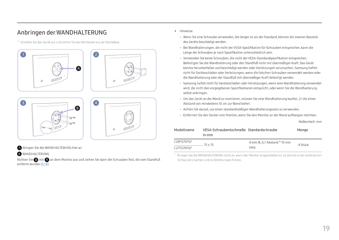 Samsung LC24FG70FQUXEN manual Anbringen der Wandhalterung, Modellname, Standardschraube Menge, Richten Sie B mit a 