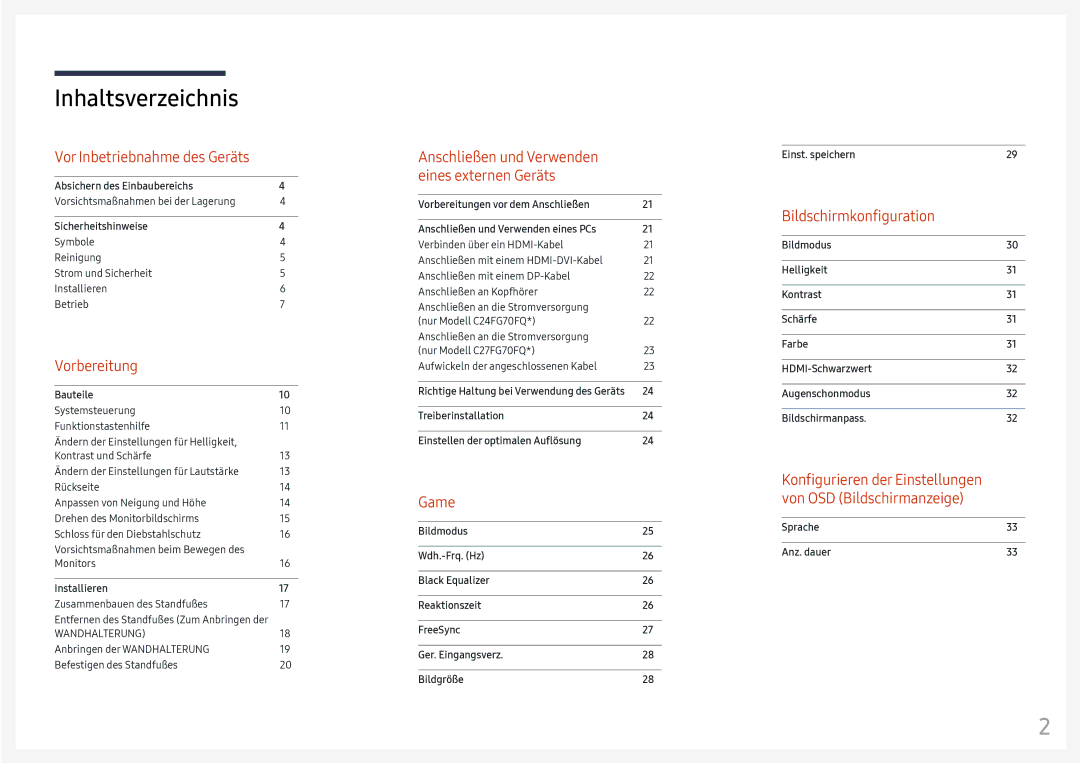 Samsung LC27FG70FQUXEN, LC24FG70FQUXEN manual Inhaltsverzeichnis 