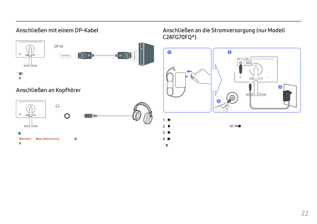 Samsung LC27FG70FQUXEN, LC24FG70FQUXEN manual Anschließen mit einem DP-Kabel, Anschließen an Kopfhörer 