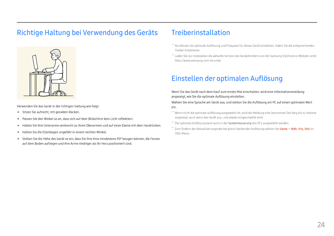 Samsung LC27FG70FQUXEN, LC24FG70FQUXEN manual Richtige Haltung bei Verwendung des Geräts, Einstellen der optimalen Auflösung 